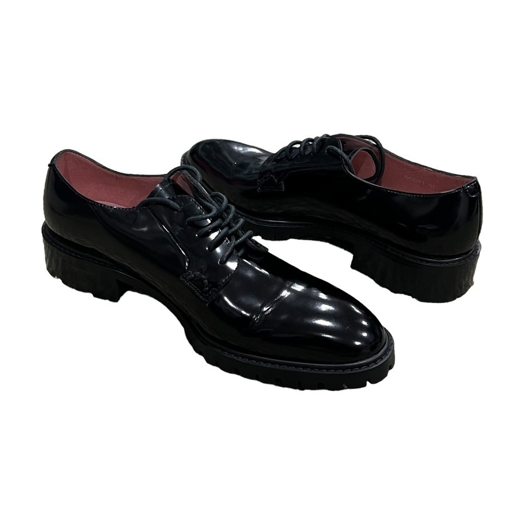 Pedder Red Black Patent Chunky Heel Lace Up Loafers Size 37 Women's